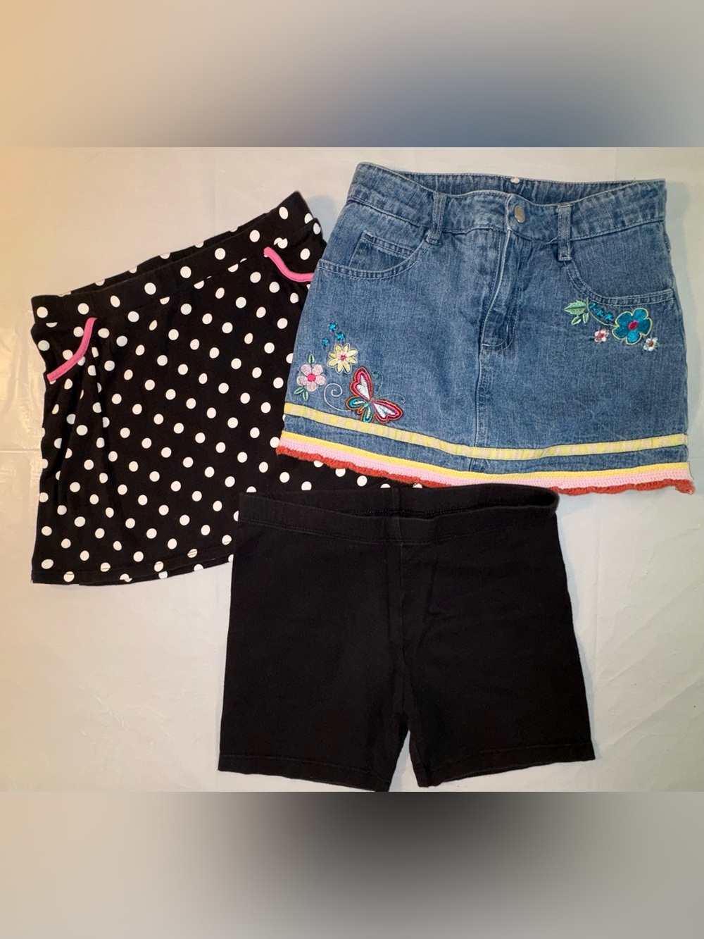 EUC Bundle: Denim Skirt w Attached Shorts, Polka Dot Skirt, Cartwheel Shorts